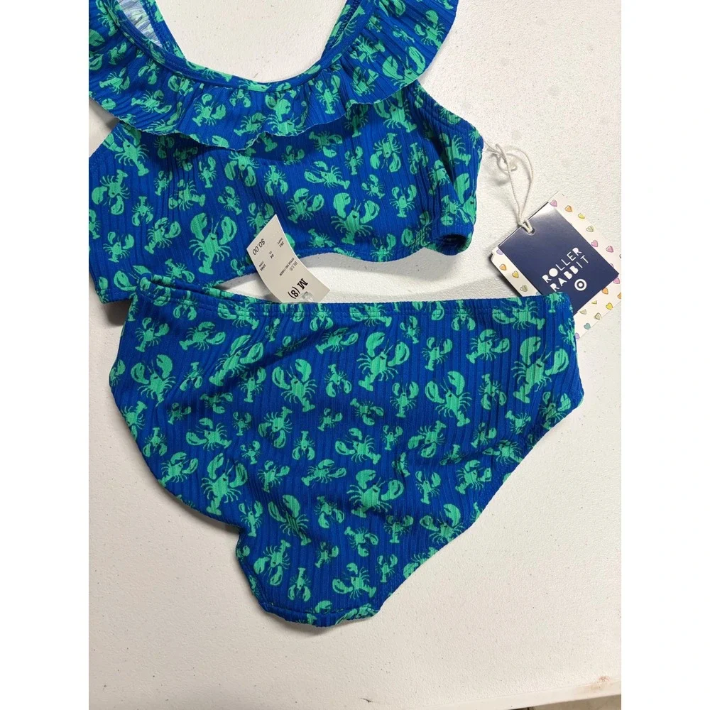 Roller Rabbit Target Girls Lobster Ruffle Bikini Set Blue Green Size M 8 NWT